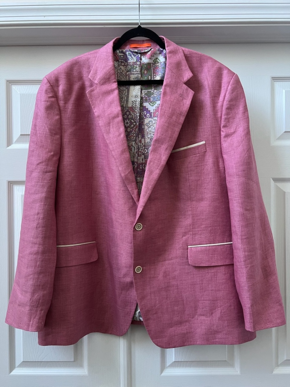 Tallia Pink Linen Men Blazer With Cream Faux Suede Contrasting, Size 50R